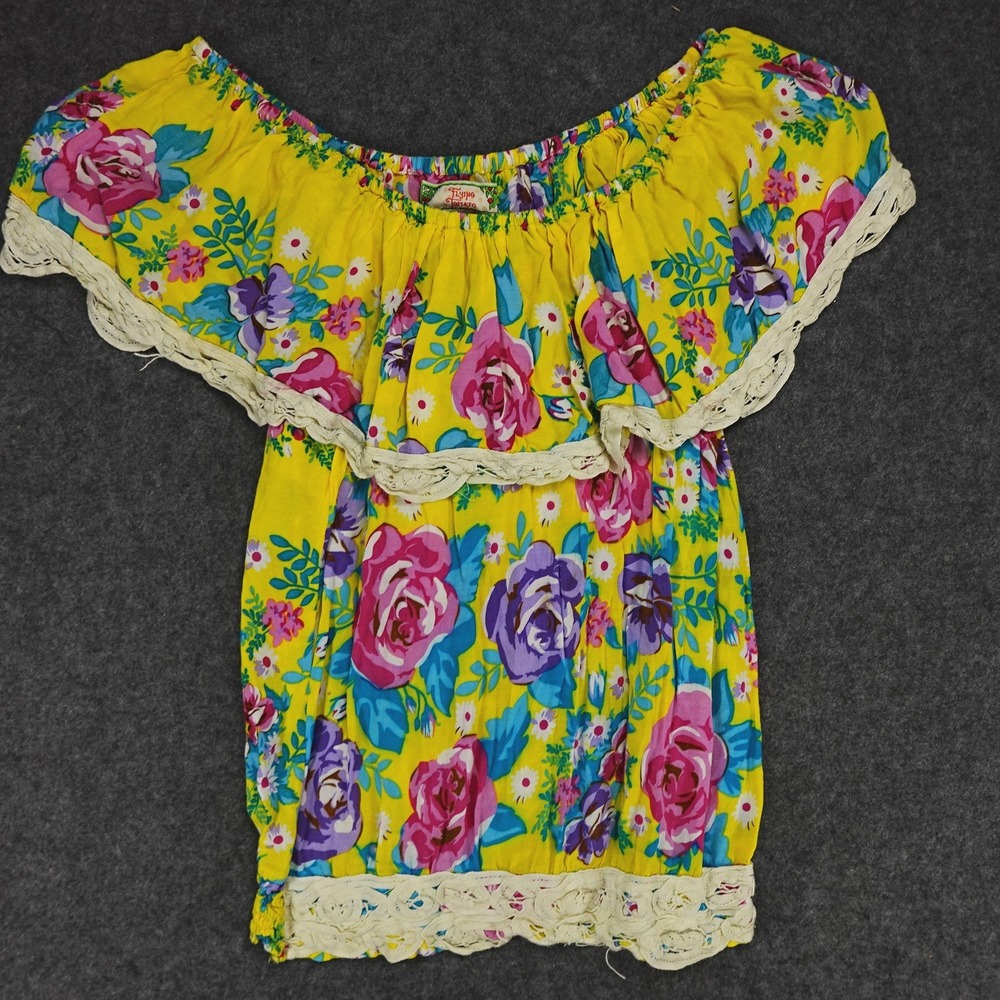 Flying Tomato Yellow Floral Print Crochet Trim Off‎ Shoulder Boho Top Small